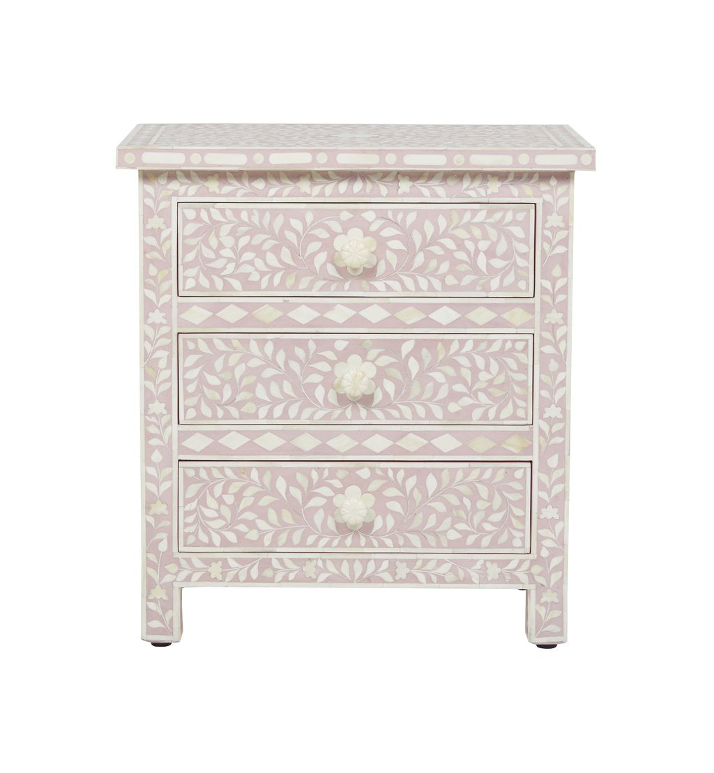 Bone Inlay Floral 3 Drawer Bedside Blush Pink