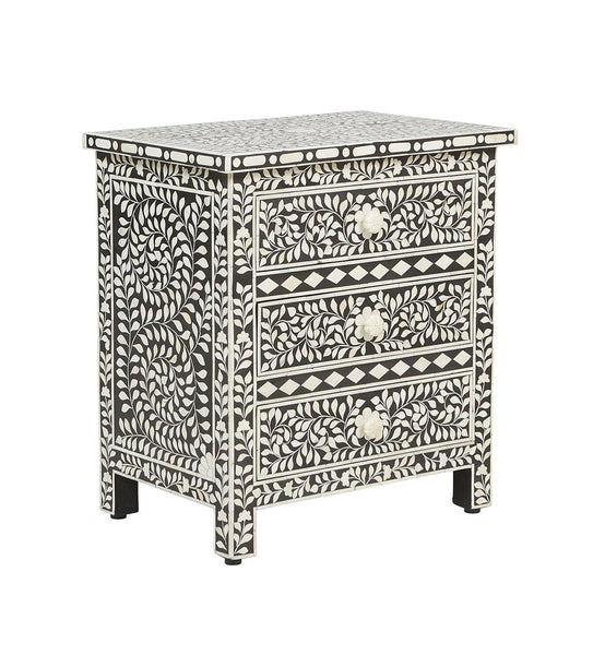 Bone Inlay Floral 3 Drawer Bedside Black
