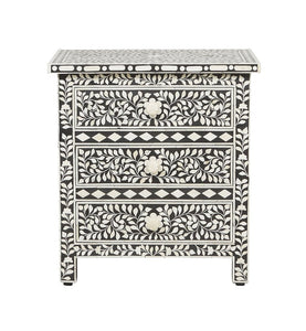 Bone Inlay Floral 3 Drawer Bedside Black