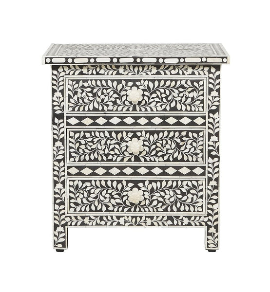 Bone Inlay Floral 3 Drawer Bedside Black