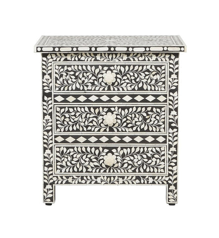 Bone Inlay Floral 3 Drawer Bedside Black 1