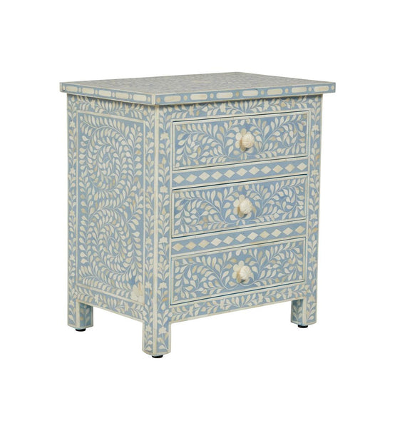 Bone Inlay Floral 3 Drawer Bedside Light Blue 2
