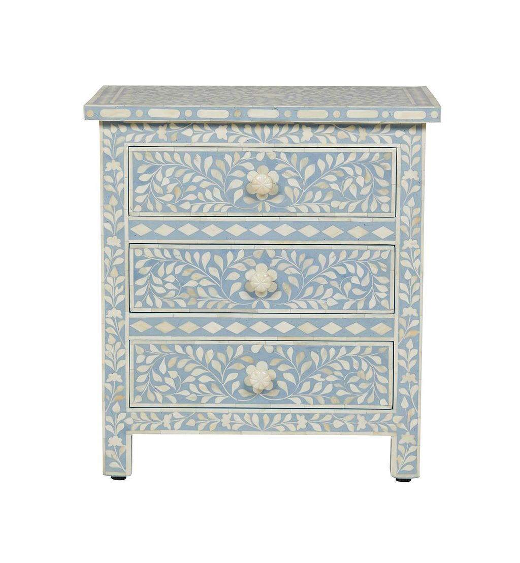 Bone Inlay Floral 3 Drawer Bedside Light Blue 1