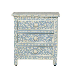 Bone Inlay Floral 3 Drawer Bedside Light Blue 1