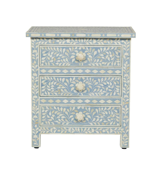 Bone Inlay Floral 3 Drawer Bedside Light Blue 1