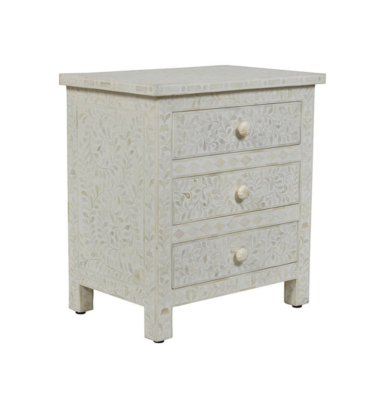 Bone Inlay Floral 3 Drawer Bedside White