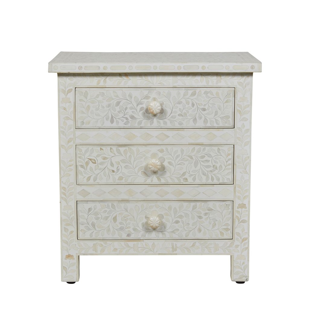 Bone Inlay Floral 3 Drawer Bedside White