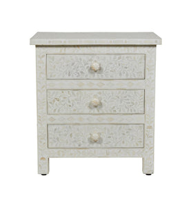 Bone Inlay Floral 3 Drawer Bedside White
