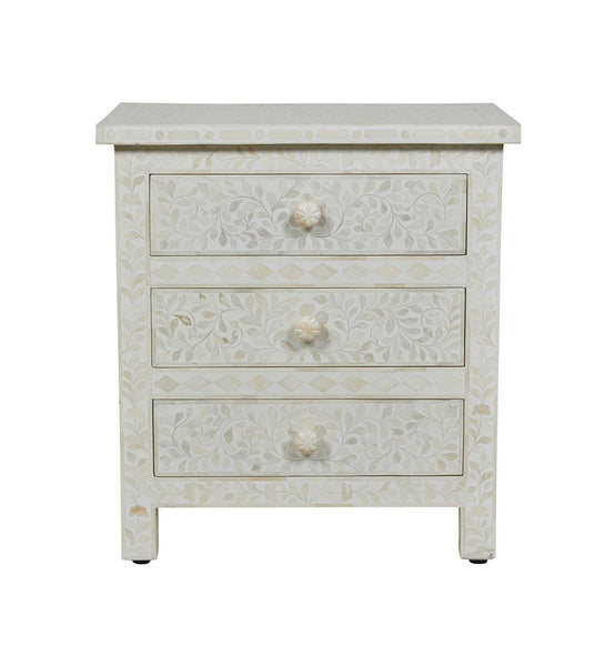Bone Inlay Floral 3 Drawer Bedside White