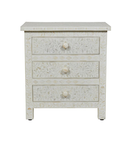 Bone Inlay Floral 3 Drawer Bedside White 