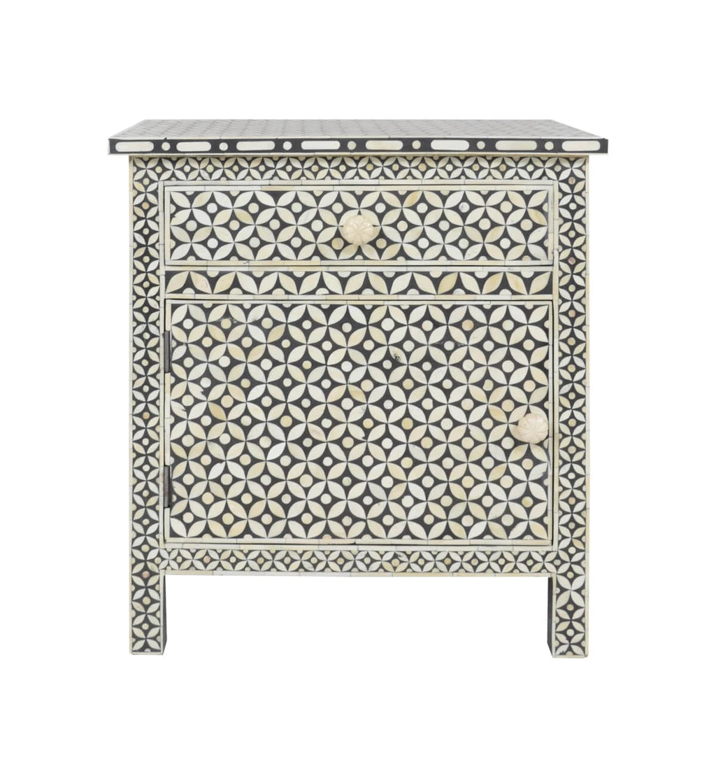 Bone Inlay Geometric Bedside 1 Drawer 1 Door Black