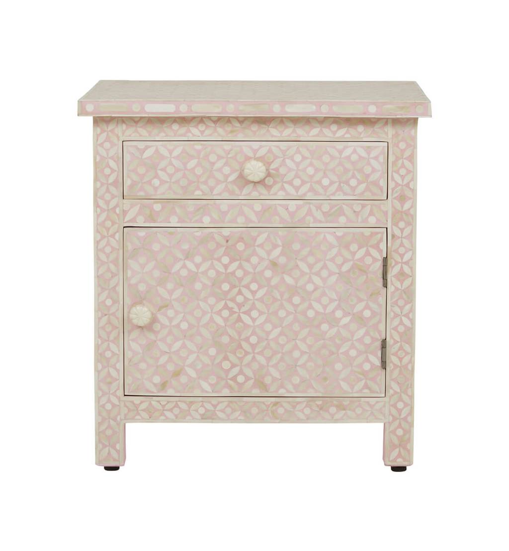 Bone Inlay Geometric Bedside 1 Drawer 1 Door Blush Pink