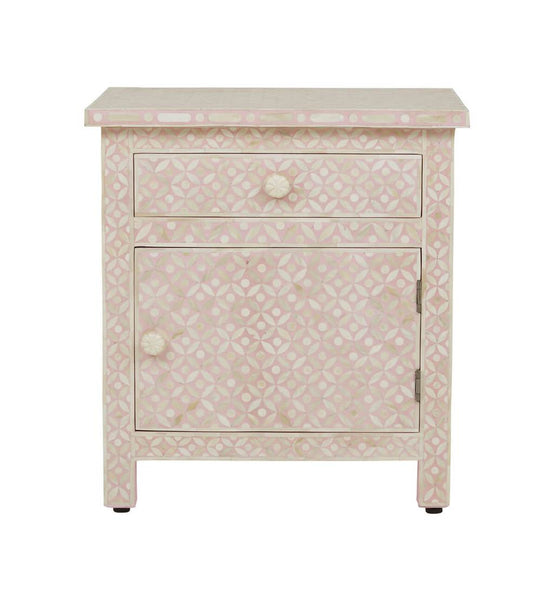 Bone Inlay Geometric Bedside 1 Drawer 1 Door Blush Pink