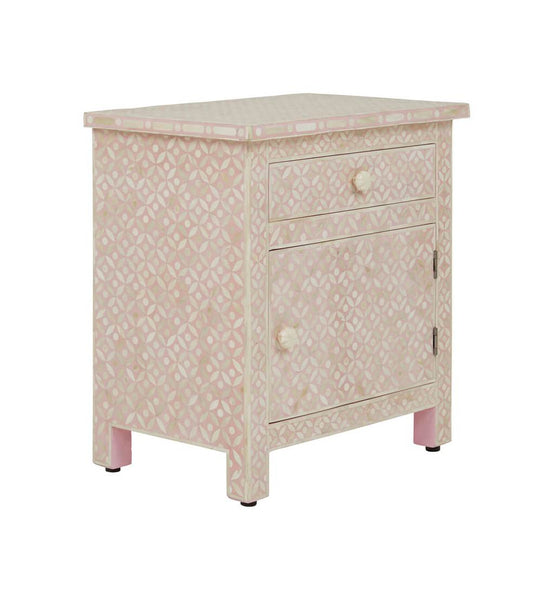 Bone Inlay Geometric Bedside 1 Drawer 1 Door Blush Pink