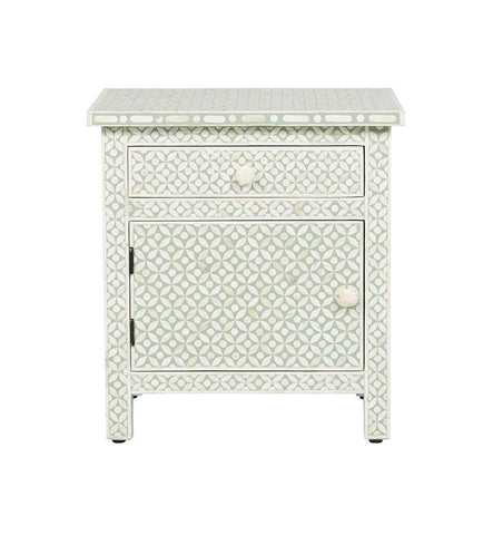 Bone Inlay Geometric Bedside 1 Drawer 1 Door Sage 1