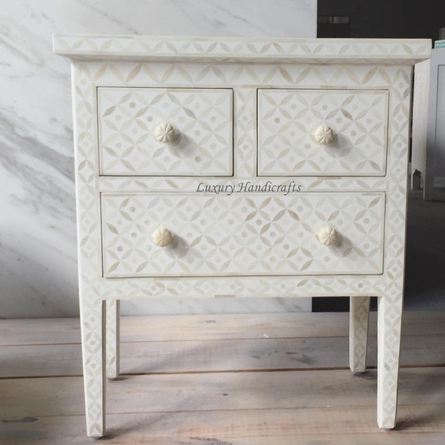 Geometric Bone Inlay 3 Drawer Nightstand White 1