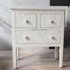 Geometric Bone Inlay Nightstand with 3 Drawers – White Wooden Bedroom Furniture