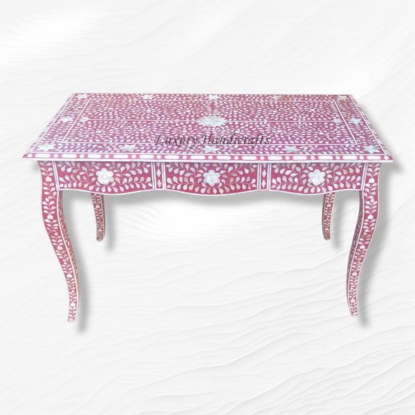 Curved Mother of Pearl Inlay Desk Floral Burgundy