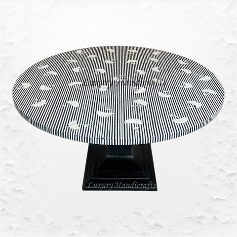 Floral Stripe Bone Inlay Round Floral Dining Table Black