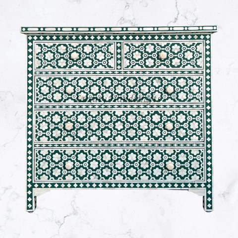 Flower Bone Inlay 5 Drawer Chest Teal Green 1