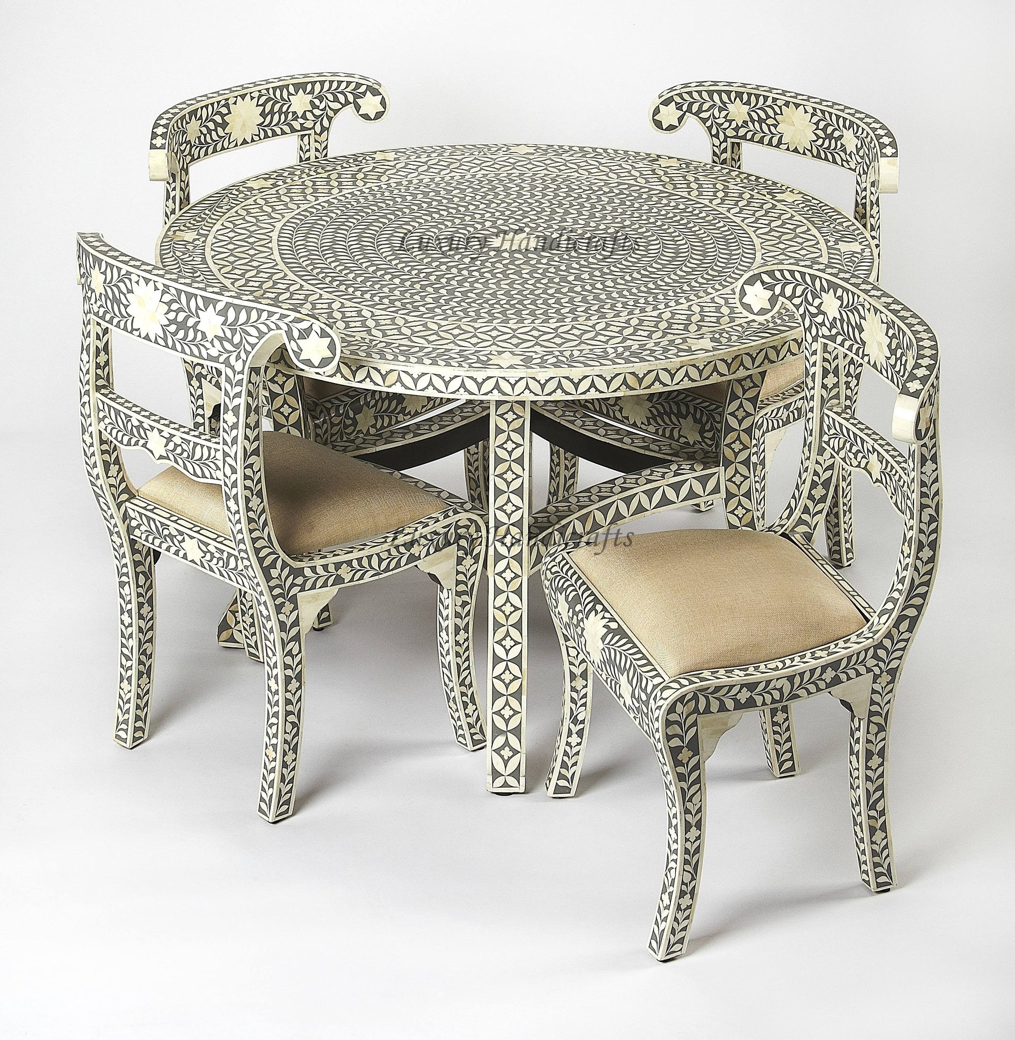 Geometric Floral Bone Inlay Round Dining Table Grey