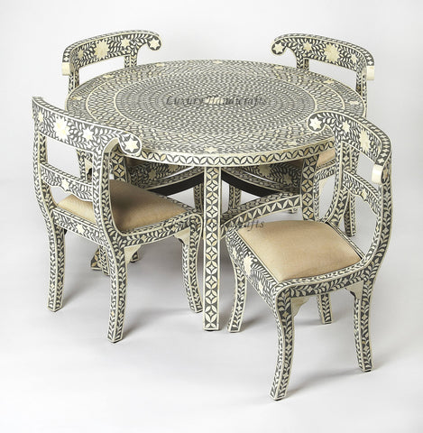 Geometric Floral Bone Inlay Round Dining Table Grey