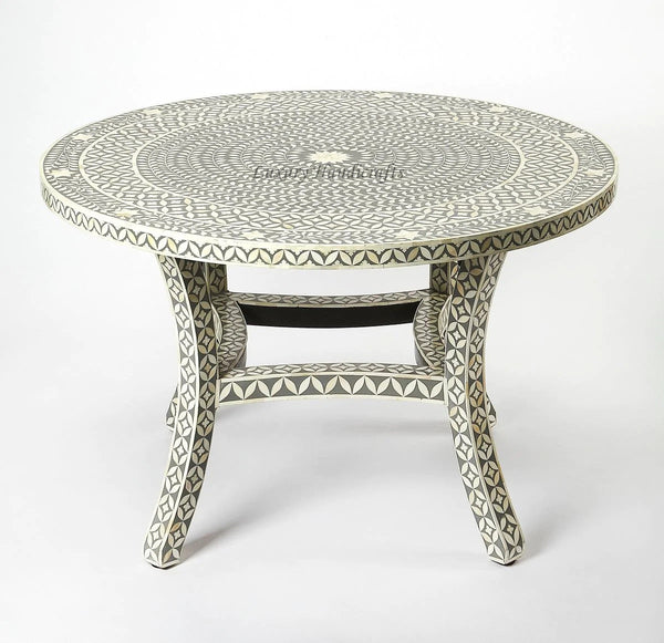 Geometric Floral Bone Inlay Round Dining Table Grey