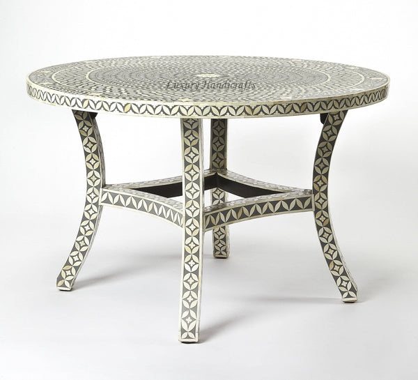 Geometric Floral Bone Inlay Round Dining Table Grey