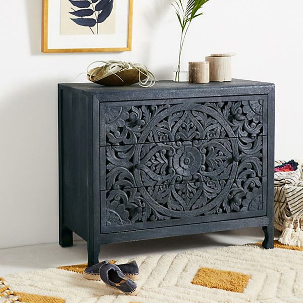 Luxury Handcarved Lombok 3 Drawer Dresser Indigo