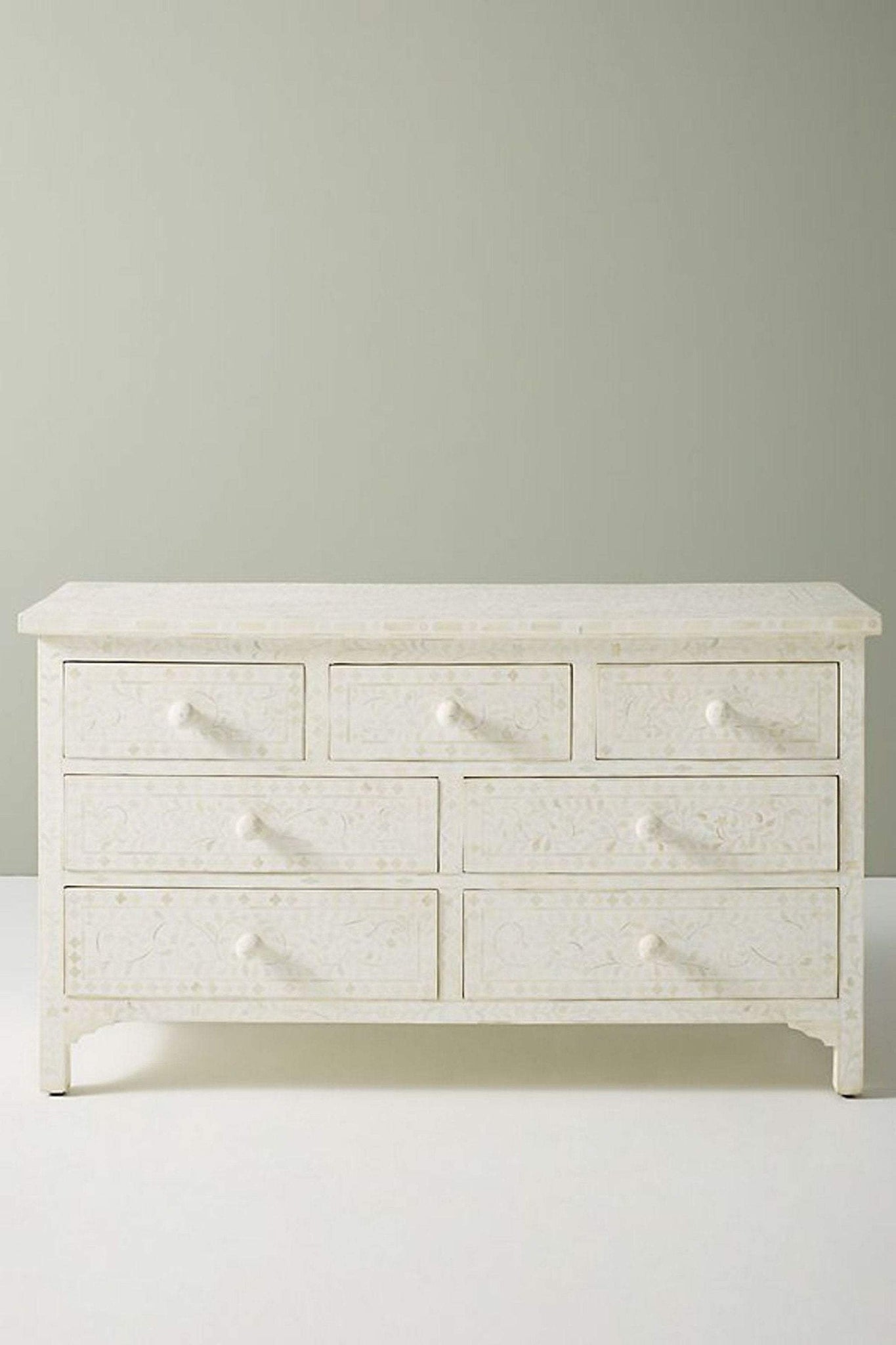 Bone Inlay Floral Chest of 7 Drawers White