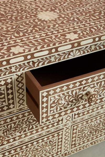 Bone Inlay Floral Chest of 7 Drawers Brown