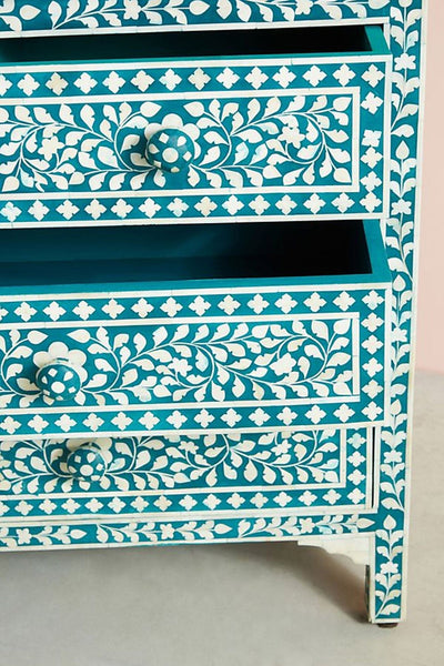 Bone Inlay Floral Chest of 7 Drawers Teal Green 2