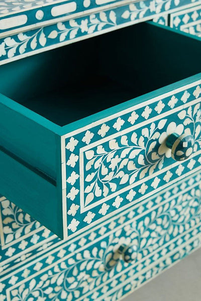 Bone Inlay Floral Chest of 7 Drawers Teal Green 3