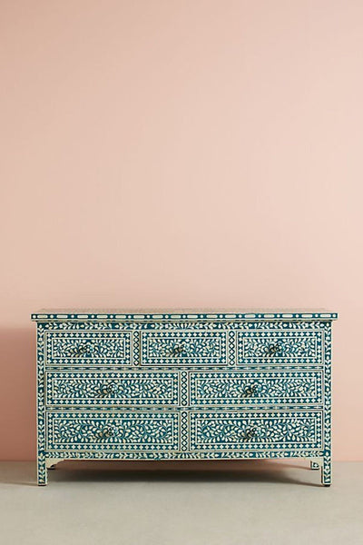 Bone Inlay Floral Chest of 7 Drawers Teal Green 1