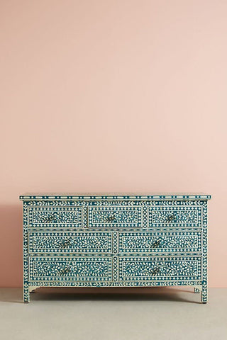Bone Inlay Floral Chest of 7 Drawers Teal Green 1