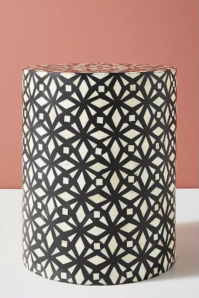 Bone Inlay Diamond Design Round End Table Black 1