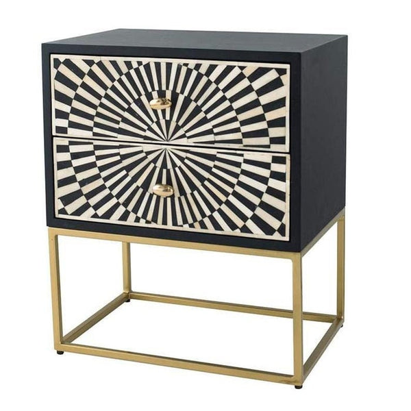 Bone Inlay Illusion 2 Drawers Bedside Table Black