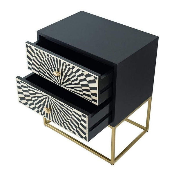 Bone Inlay Illusion 2 Drawers Bedside Table Black