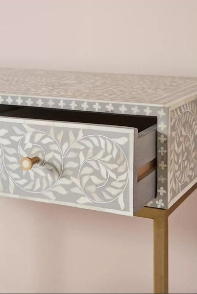 Bone Inlay Scroll vine Design 3 Drawers Console Grey