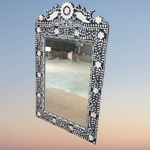 Mother of Pearl Inlaid Parrot Mirror Black