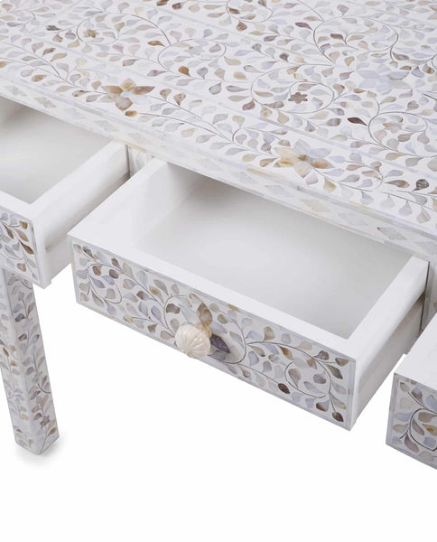 White Mother Of Pearl Inlay Floral 3 Drawer Console Table