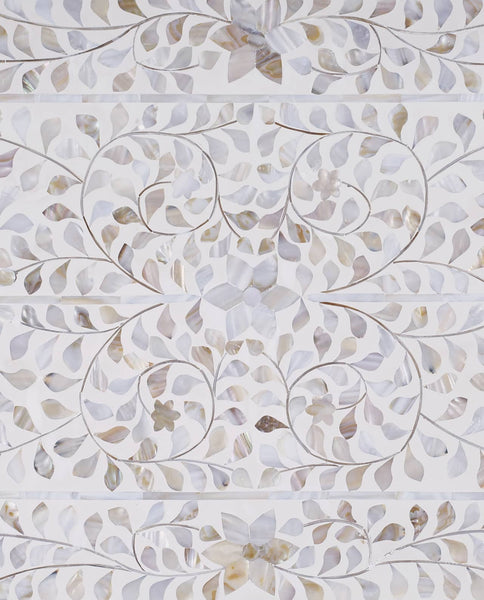 White Mother Of Pearl Inlay Floral 3 Drawer Console Table