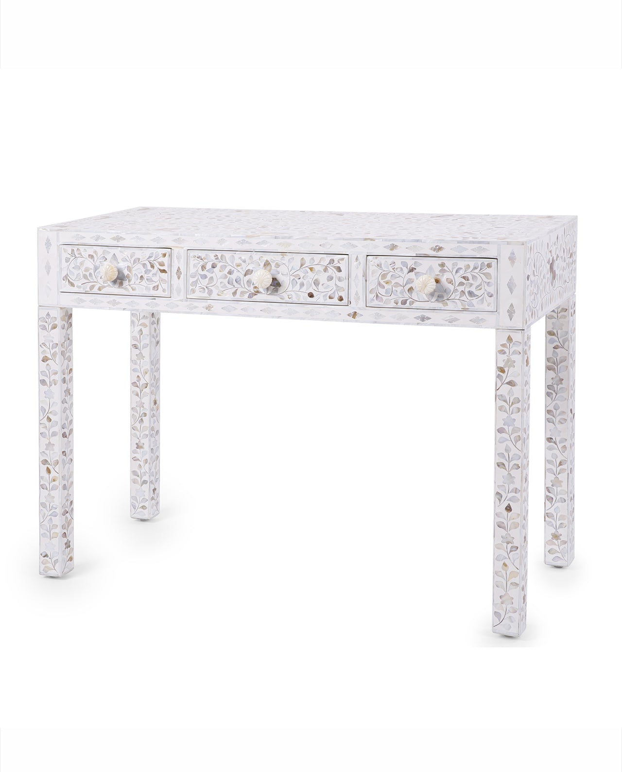 White Mother Of Pearl Inlay Floral 3 Drawer Console Table
