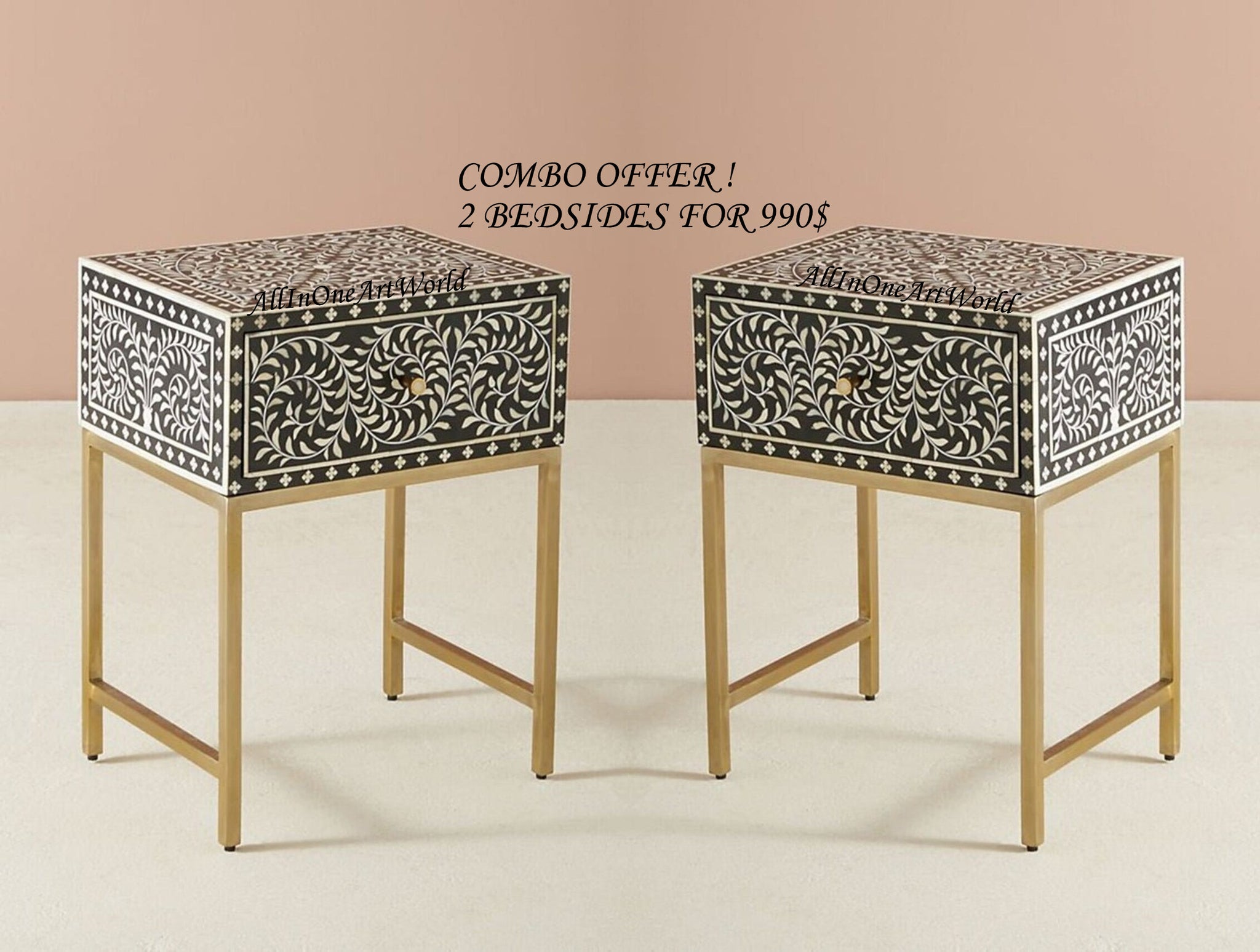 COMBO Bone Inlay Floral Bedside Table Black