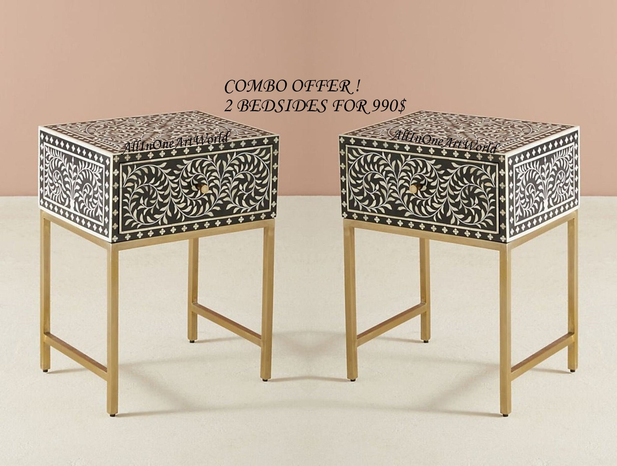 COMBO Bone Inlay Floral Bedside Table Black