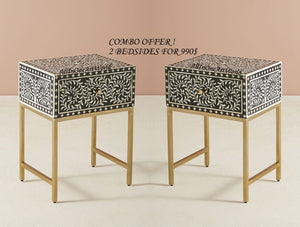 COMBO Bone Inlay Floral Bedside Table Black