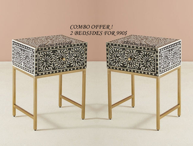 COMBO Bone Inlay Floral Bedside Table Black