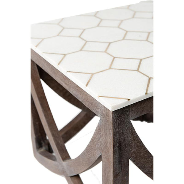 White Marble And Honeycomb Brass Inlay Side Table